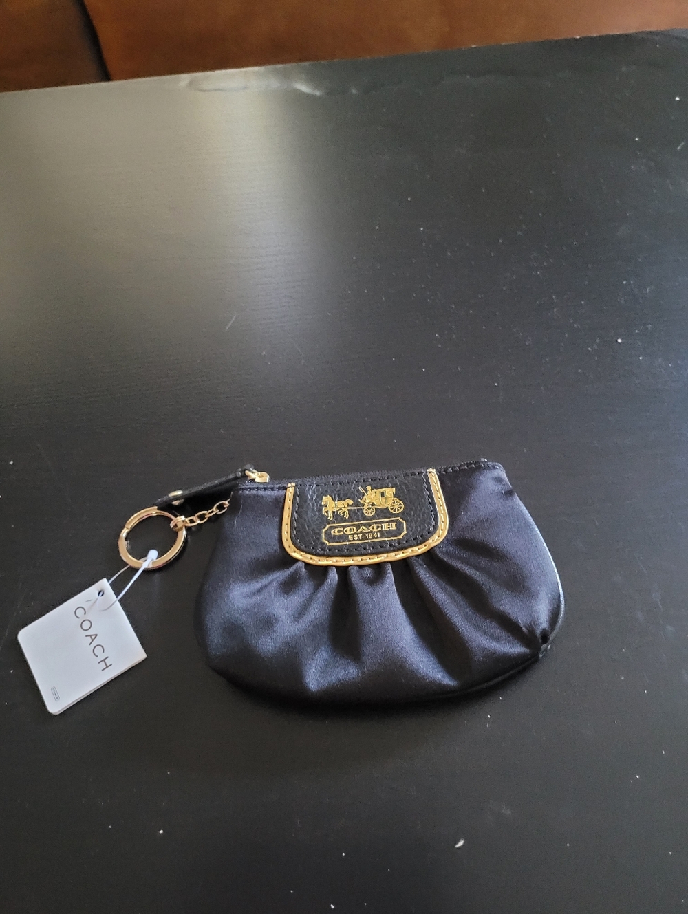 Coach Black Satin Coin Pouch with Gold Logo Trim